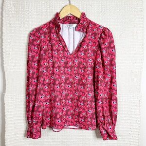 CROSBY BY MOLLIE BURCH red and pink floral ruffled blouse top XS